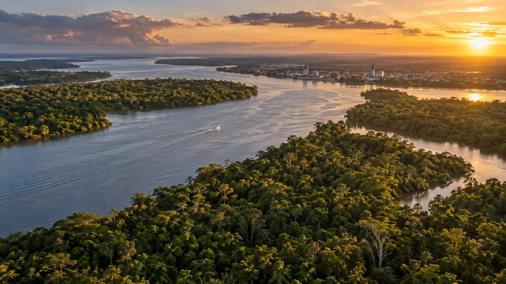Paisagem amazônica com rios, floresta preservada e área urbana ao fundo